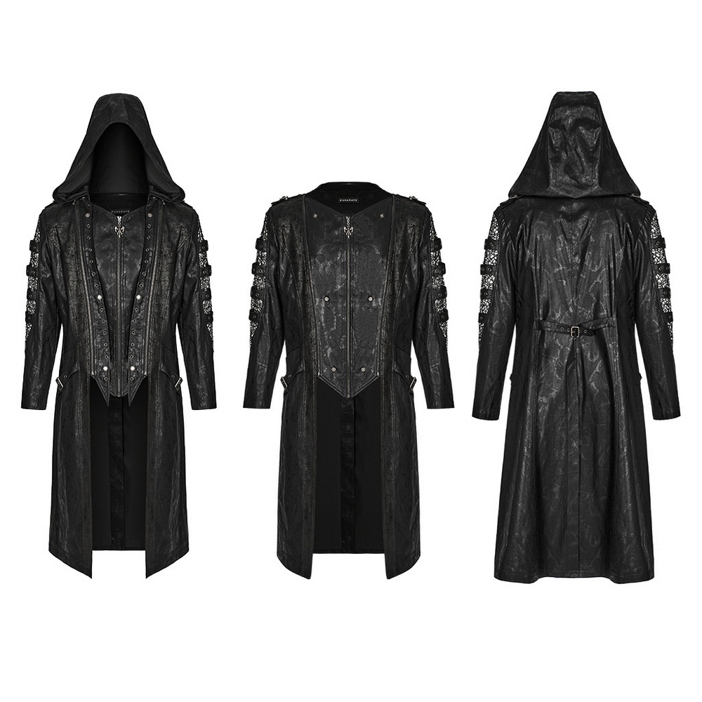 Gothic hooded coat with detachable cap, showcasing hollow mesh sleeves and a punk distressed design.