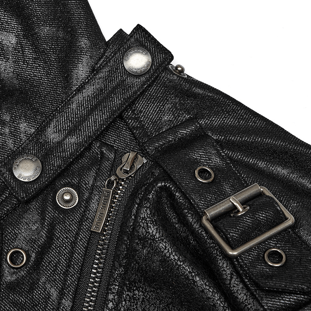 Close-up of Gothic Hooded Coat's zipper and buckles, showcasing the edgy distressed fabric.