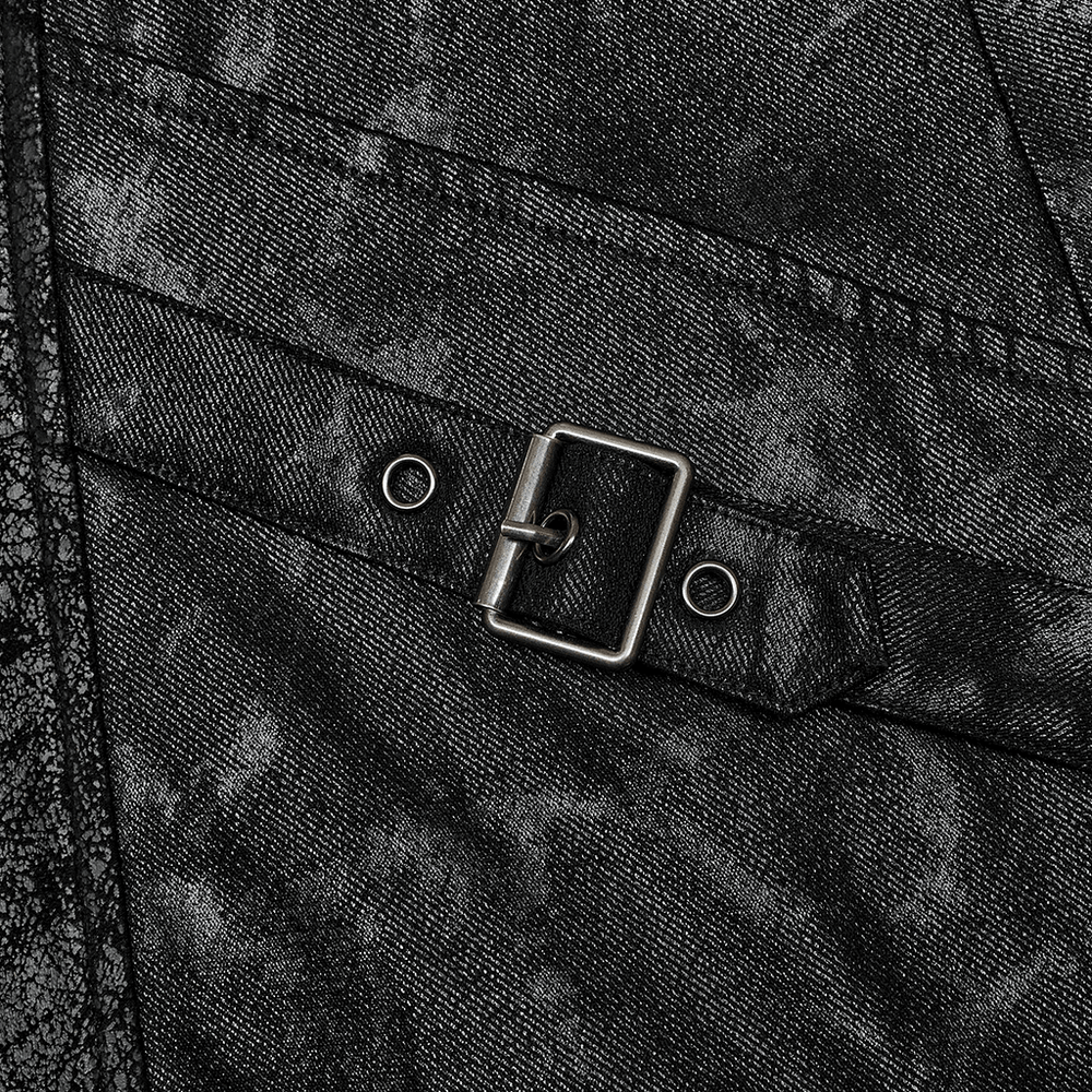 Close-up of the Gothic Hooded Coat's distressed fabric and unique buckle detailing in black and gray.