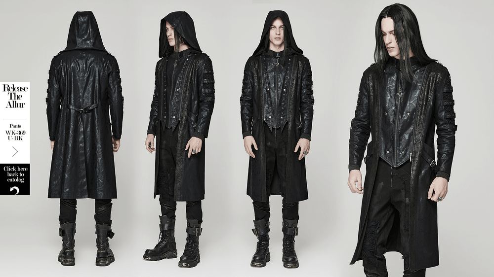 Gothic hooded coat showcasing detachable cap and mesh sleeves in a punk-inspired design.