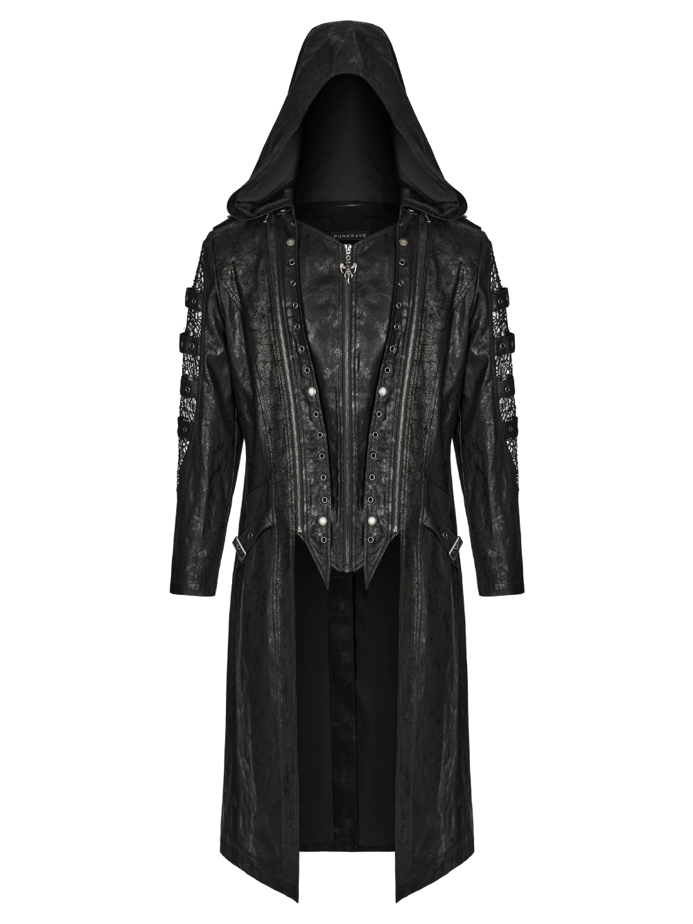 Sleek Gothic hooded coat with detachable hood and mesh sleeves, perfect for a punk fashion statement.