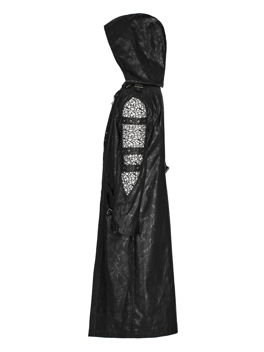 Gothic hooded coat with mesh sleeves, showcasing a sleek profile and unique design details.