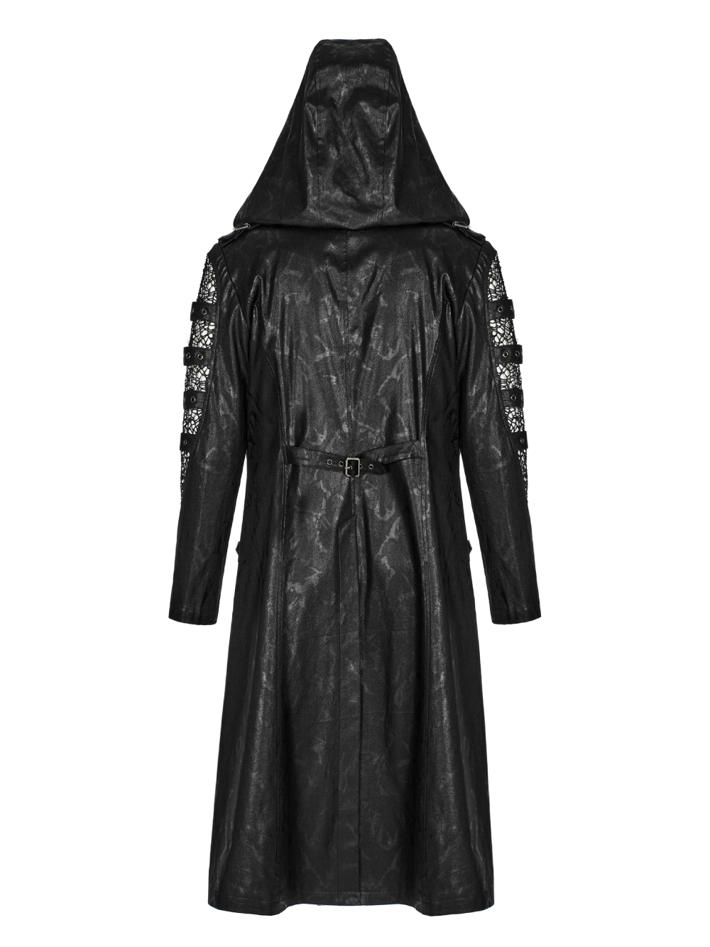Back view of a Gothic Hooded Coat with mesh sleeves and a detachable hood, showcasing edgy punk fashion.