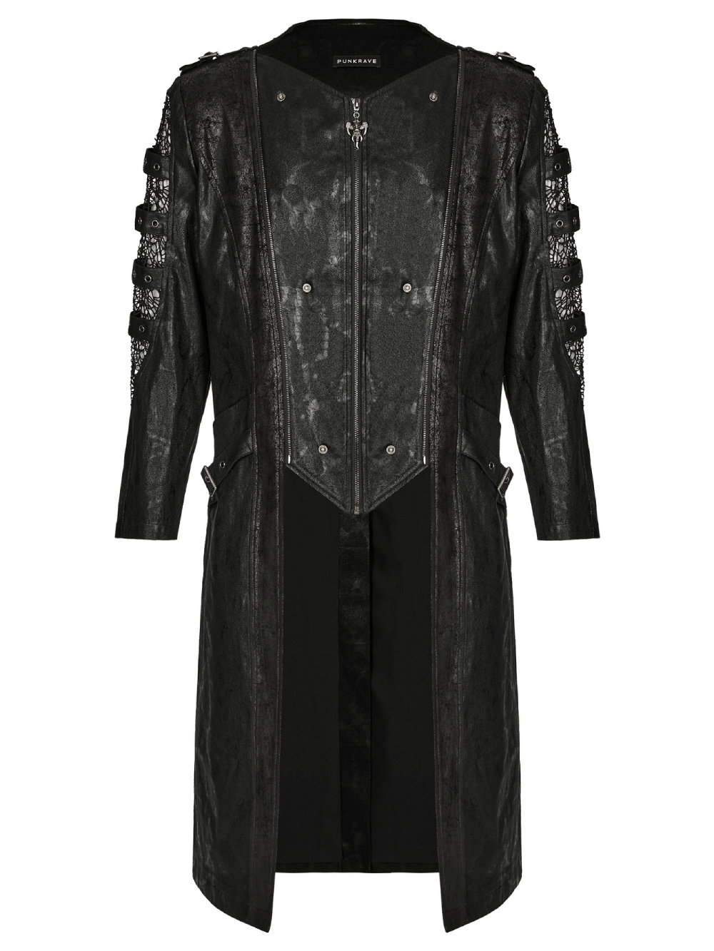 Gothic hooded coat with detachable cap, mesh sleeves, and distressed leather design, perfect for edgy fashion enthusiasts.