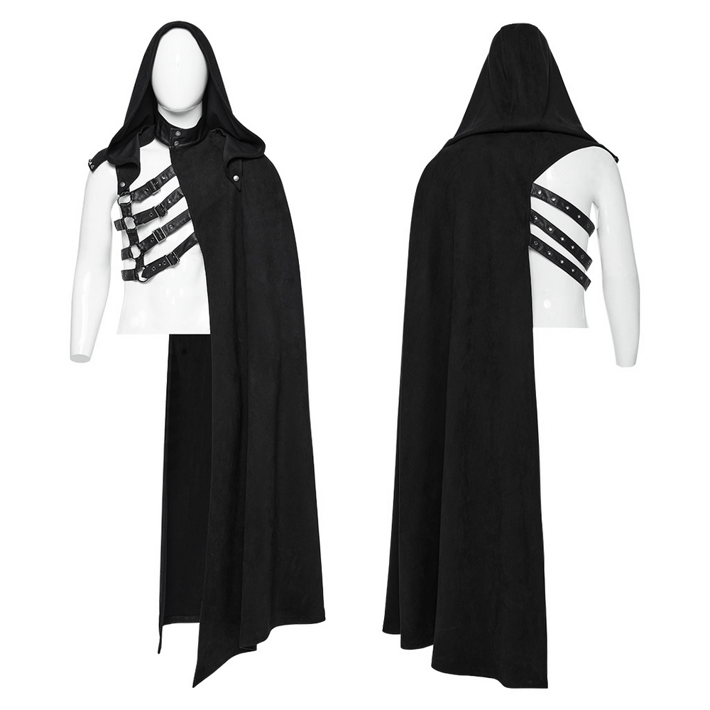 Gothic hooded half cape with asymmetric strap design in black, showcasing a punk aesthetic and detachable hood.