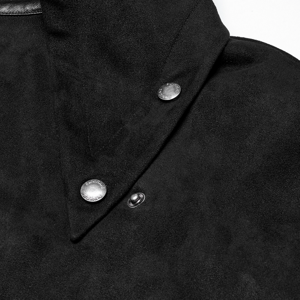 Close-up of Gothic hooded half cape showcasing suede texture and metal snap buttons for a punk aesthetic.