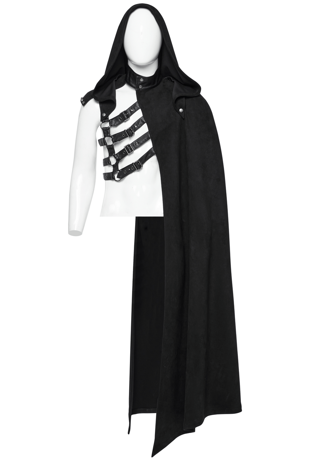 Gothic hooded half cape with asymmetric strap design, perfect for a fierce punk aesthetic.