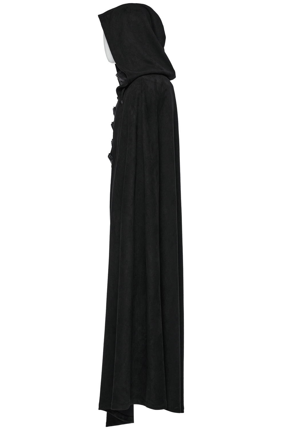 Black gothic hooded half cape with suede fabric and asymmetric design, perfect for a punk-inspired look.