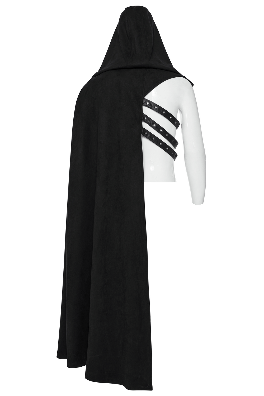 Gothic hooded half cape with asymmetric leather strap design, showcasing a punk aesthetic in black suede.