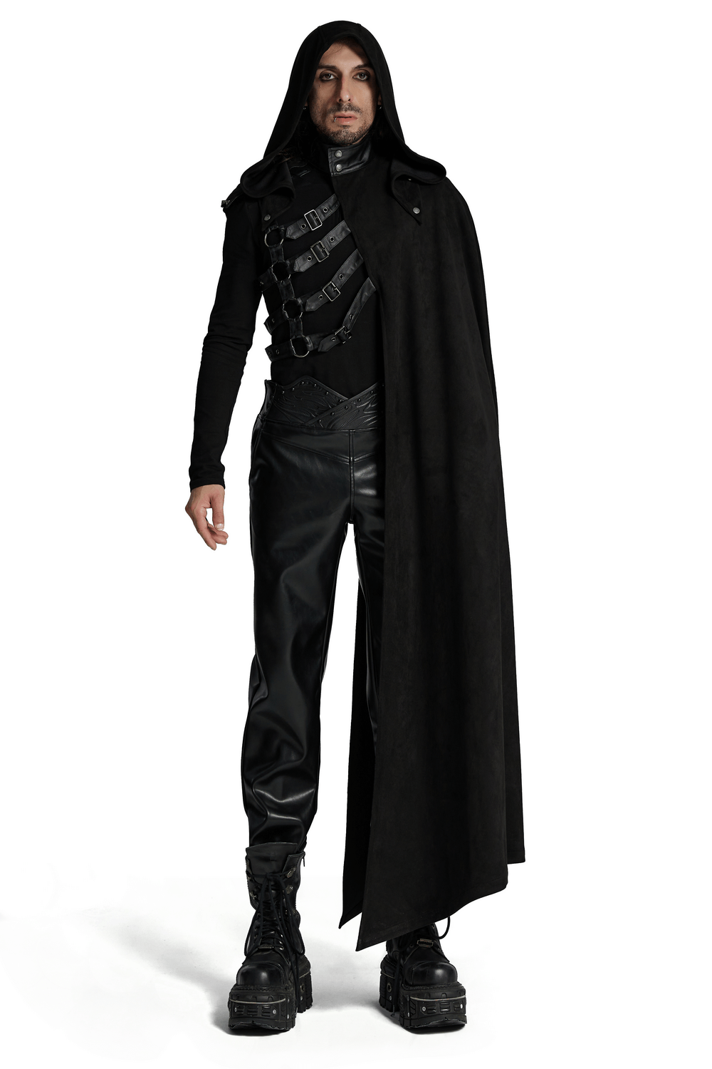 Model showcasing a Gothic hooded half cape with asymmetric strap design and punk style leather accents.