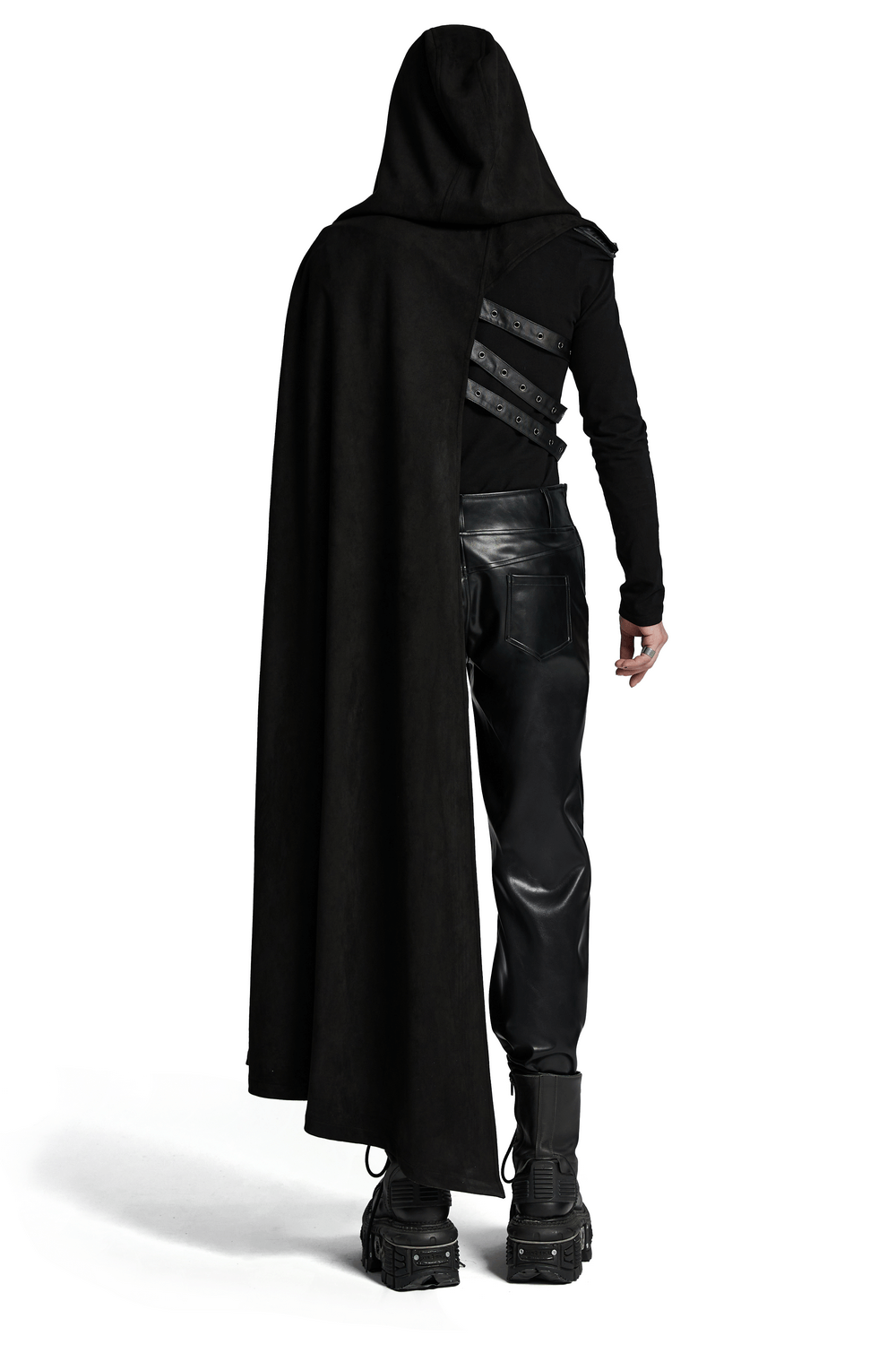 Model wearing a gothic hooded half cape with asymmetric straps, showcasing a stylish punk aesthetic.