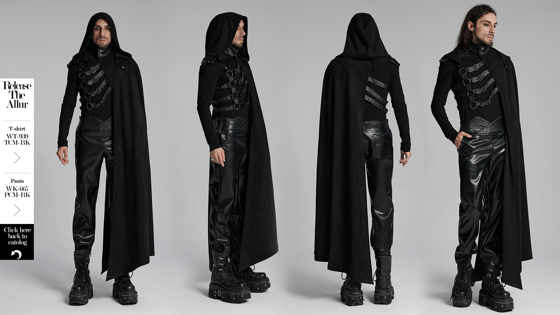 Gothic hooded half cape with asymmetric strap design, showcasing punk style and bold leather details. Perfect for alternative fashion.