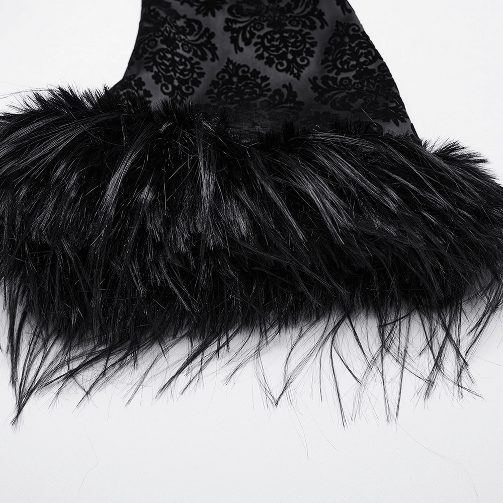 Close-up of the faux fur trim on a Gothic Hooded Jacquard Coat, showcasing elegant black texture and details.