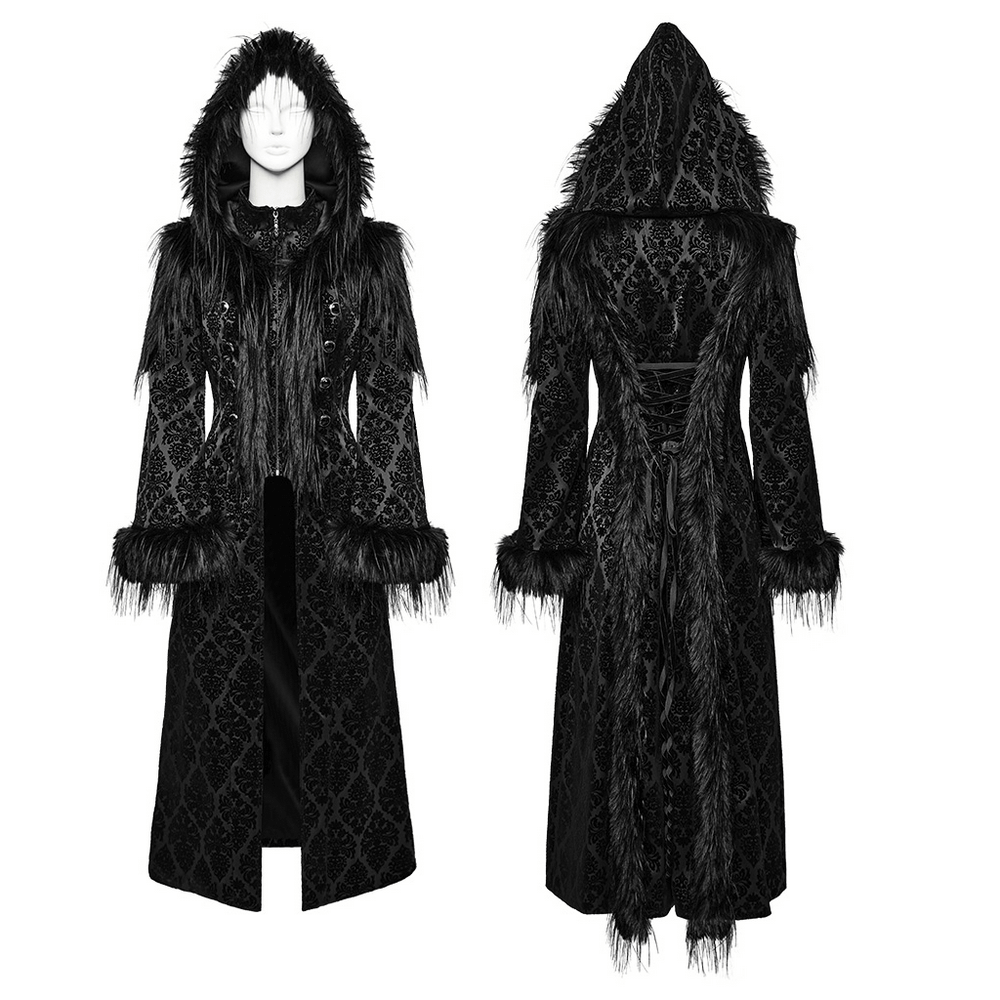 Gothic hooded jacquard coat with faux fur trim, elegant vintage design with gemstone buttons and dramatic silhouette.