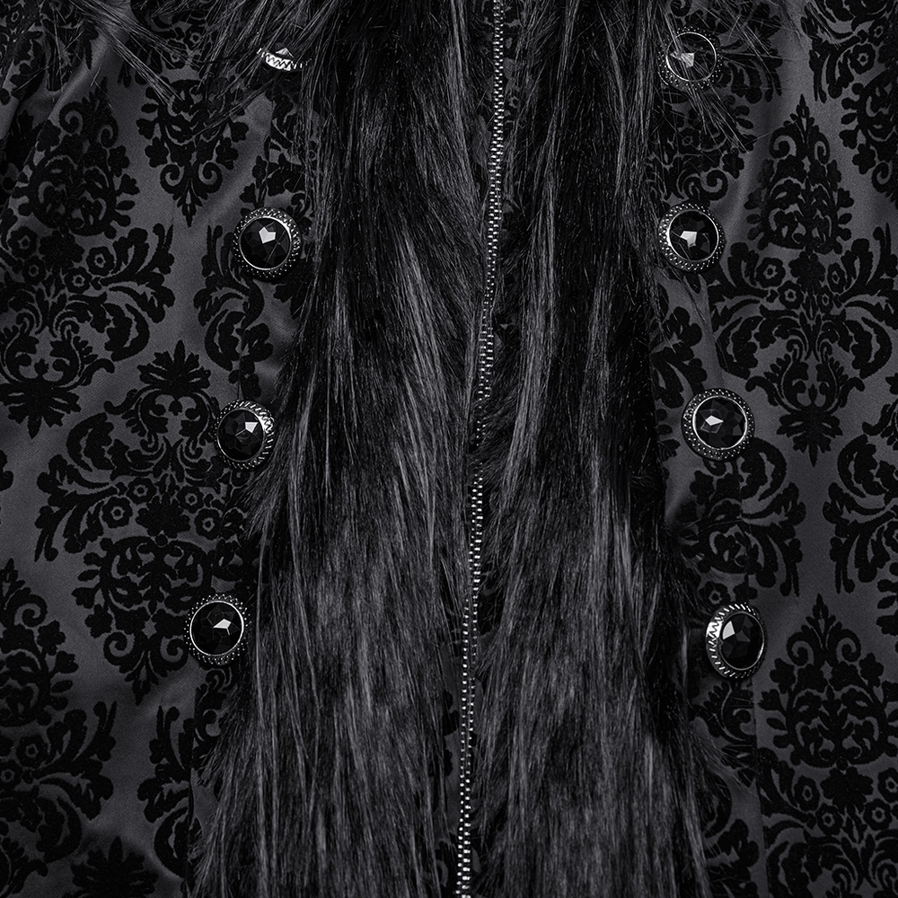 Close-up of a gothic hooded coat featuring black jacquard pattern and faux fur trim, adorned with gemstone buttons.
