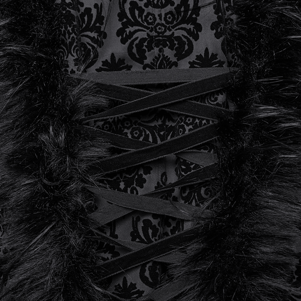 Black vintage jacquard fabric with faux fur trim and lace-up detail for gothic coat.