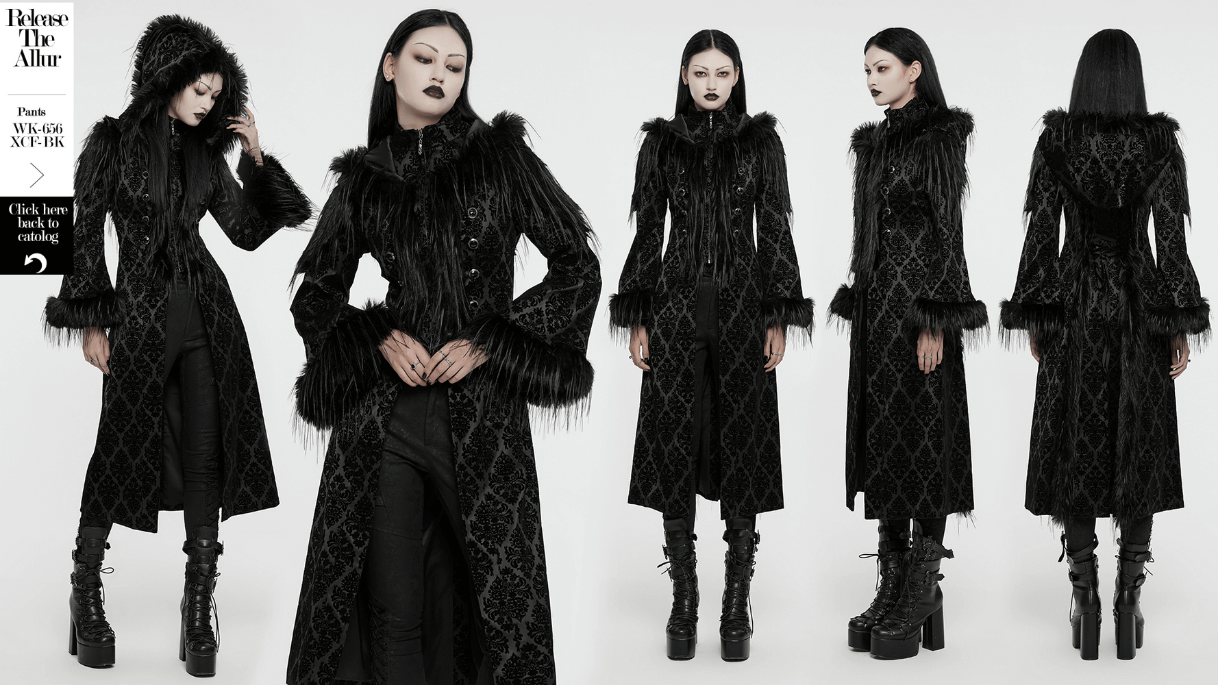 Gothic hooded jacquard coat with faux fur trim, showcasing vintage design and gemstone buttons.