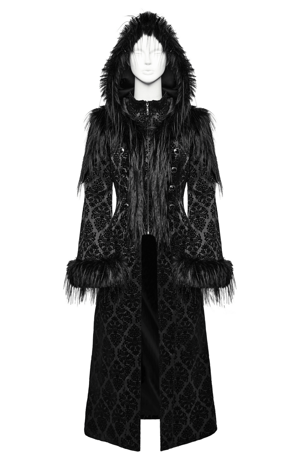 Gothic hooded jacquard coat with faux fur trim and gemstone buttons, perfect for vintage elegance.