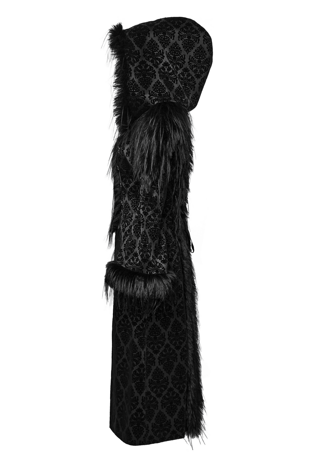 Elegant Gothic Hooded Coat with Faux Fur Trim and Vintage Jacquard Pattern