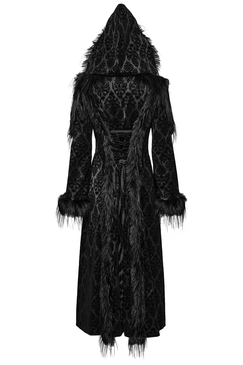Gothic hooded jacquard coat with faux fur trim and gemstone buttons, showcasing elegant vintage flocked fabric.