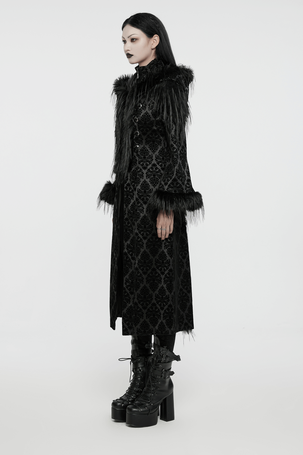 Gothic hooded jacquard coat with faux fur trim, showcasing elegant vintage design and gemstone buttons.