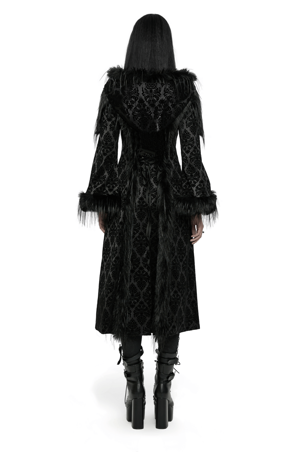Back view of Gothic Hooded Jacquard Coat with Faux Fur Trim, showcasing vintage elegance and stylish silhouette.