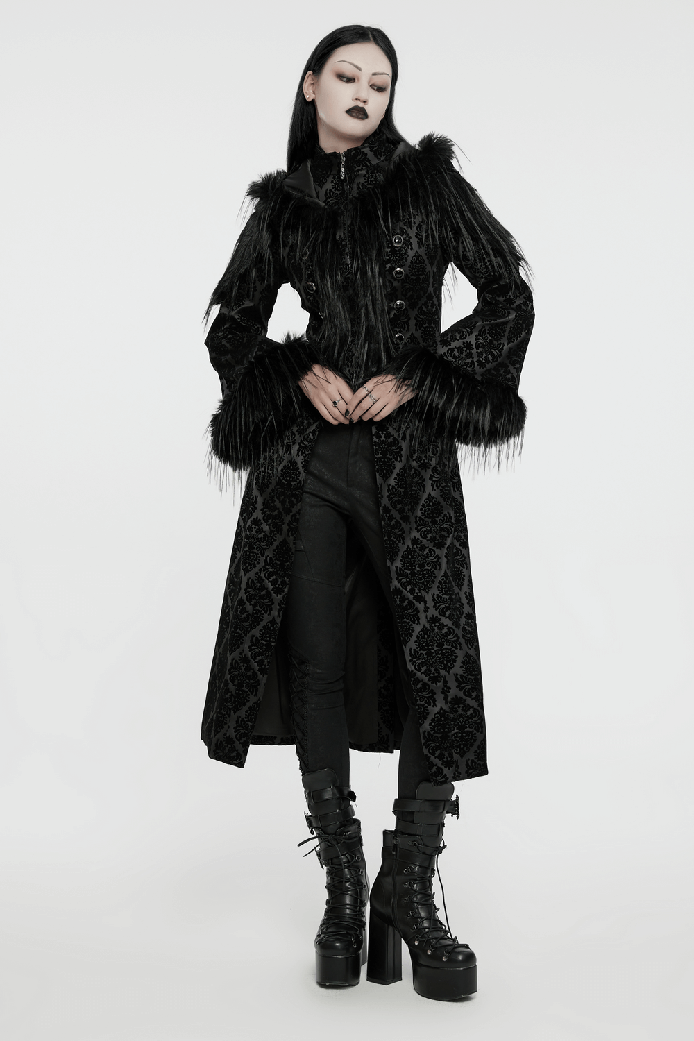 Gothic hooded jacquard coat with faux fur trim and gemstone buttons, exuding vintage elegance and mystery.