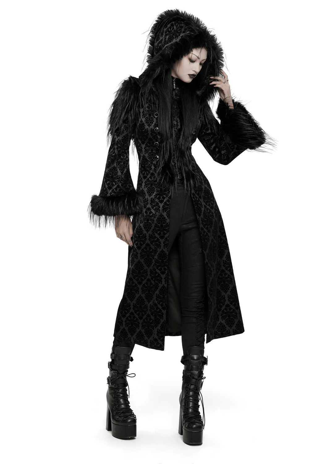 Gothic hooded jacquard coat with faux fur trim and gemstone buttons, adding elegance and mystery to your wardrobe.
