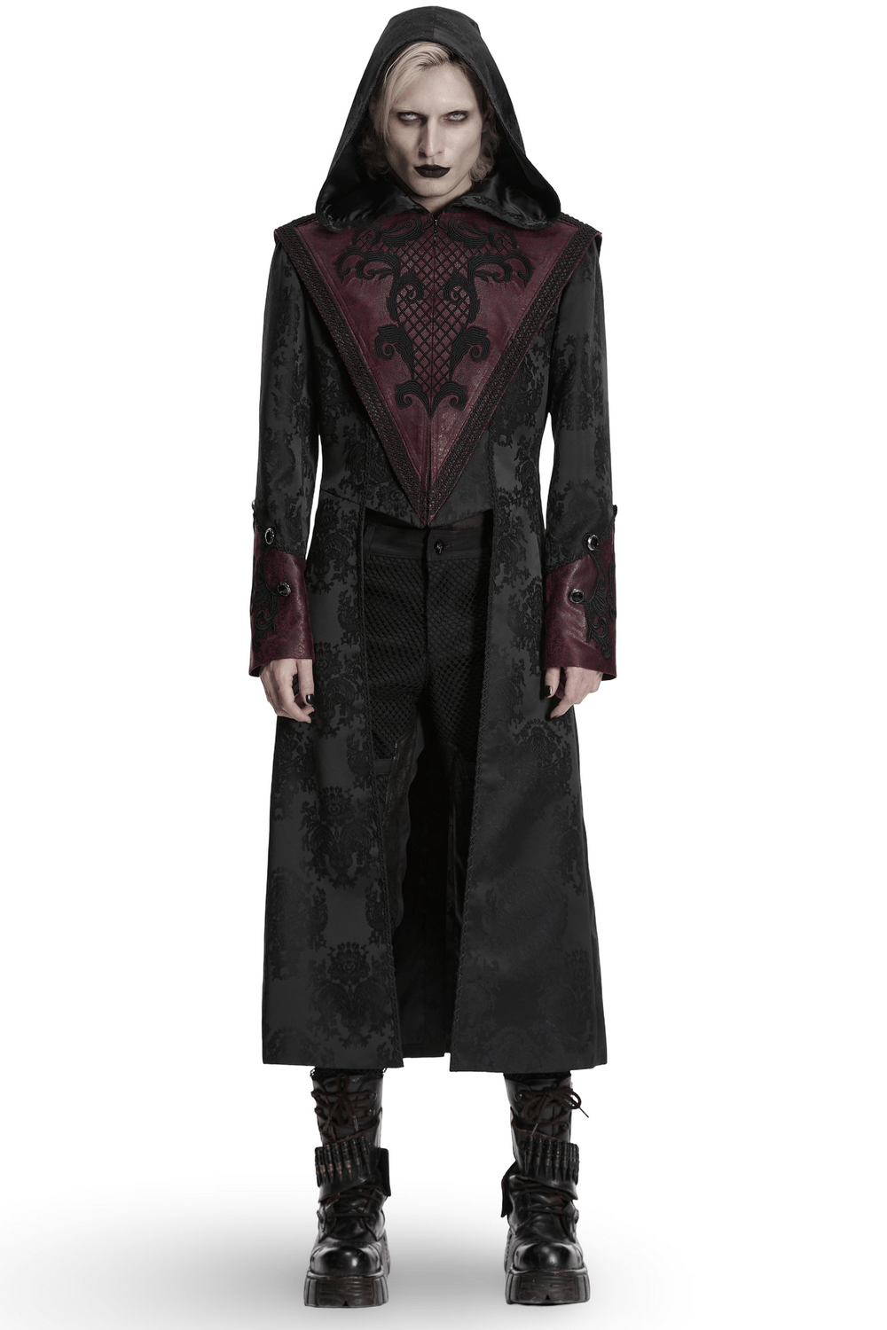 Gothic Kapuzenmantel aus Jacquard mit Lederbesatz