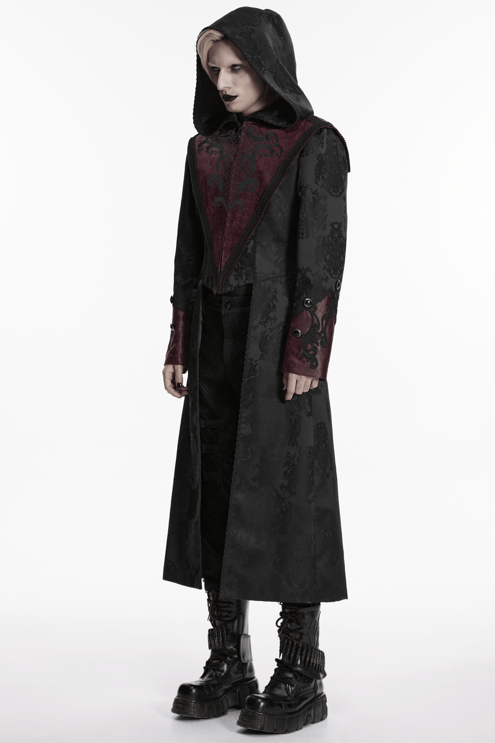Gothic Kapuzenmantel aus Jacquard mit Lederbesatz