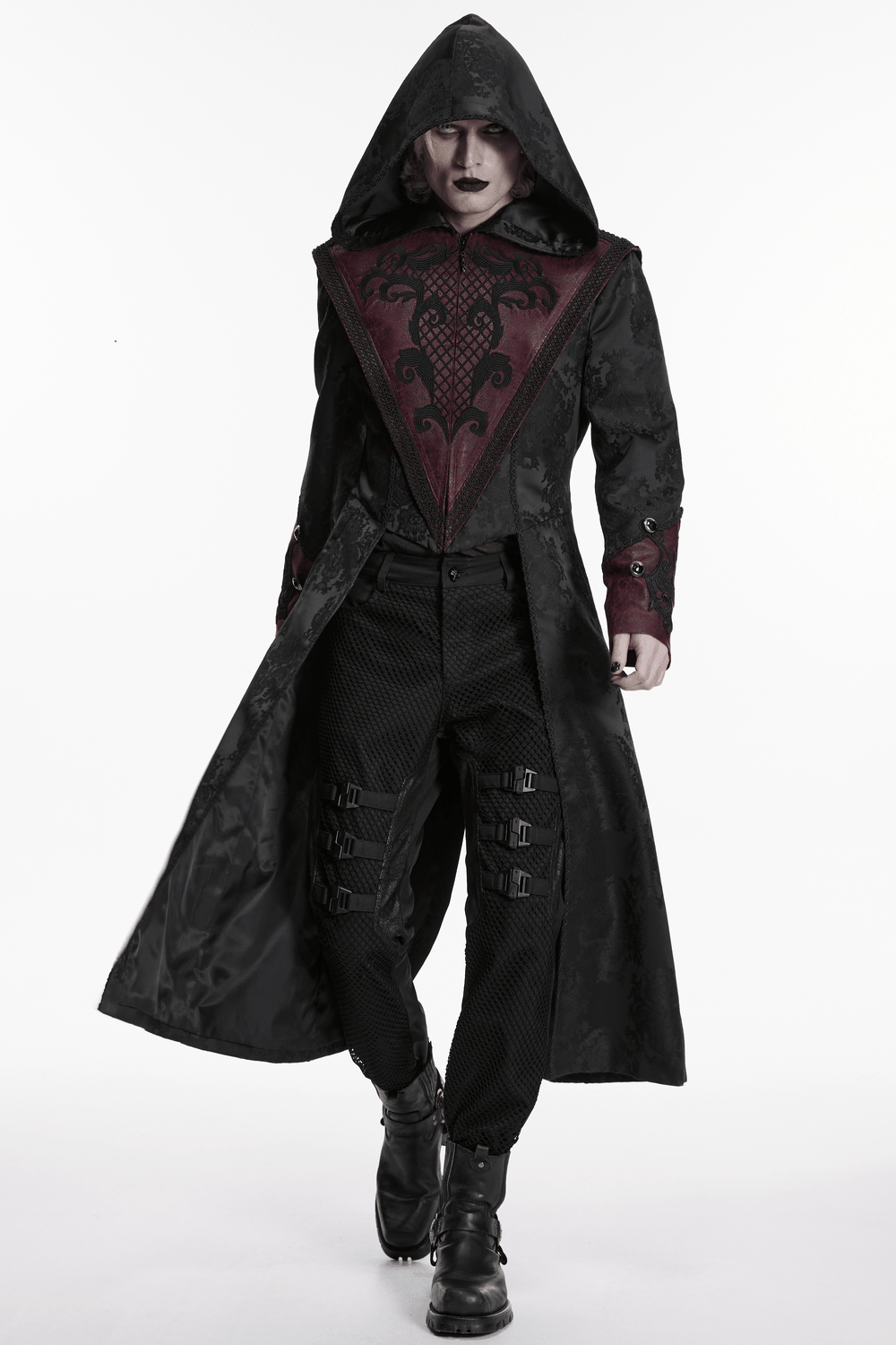 Gothic Kapuzenmantel aus Jacquard mit Lederbesatz