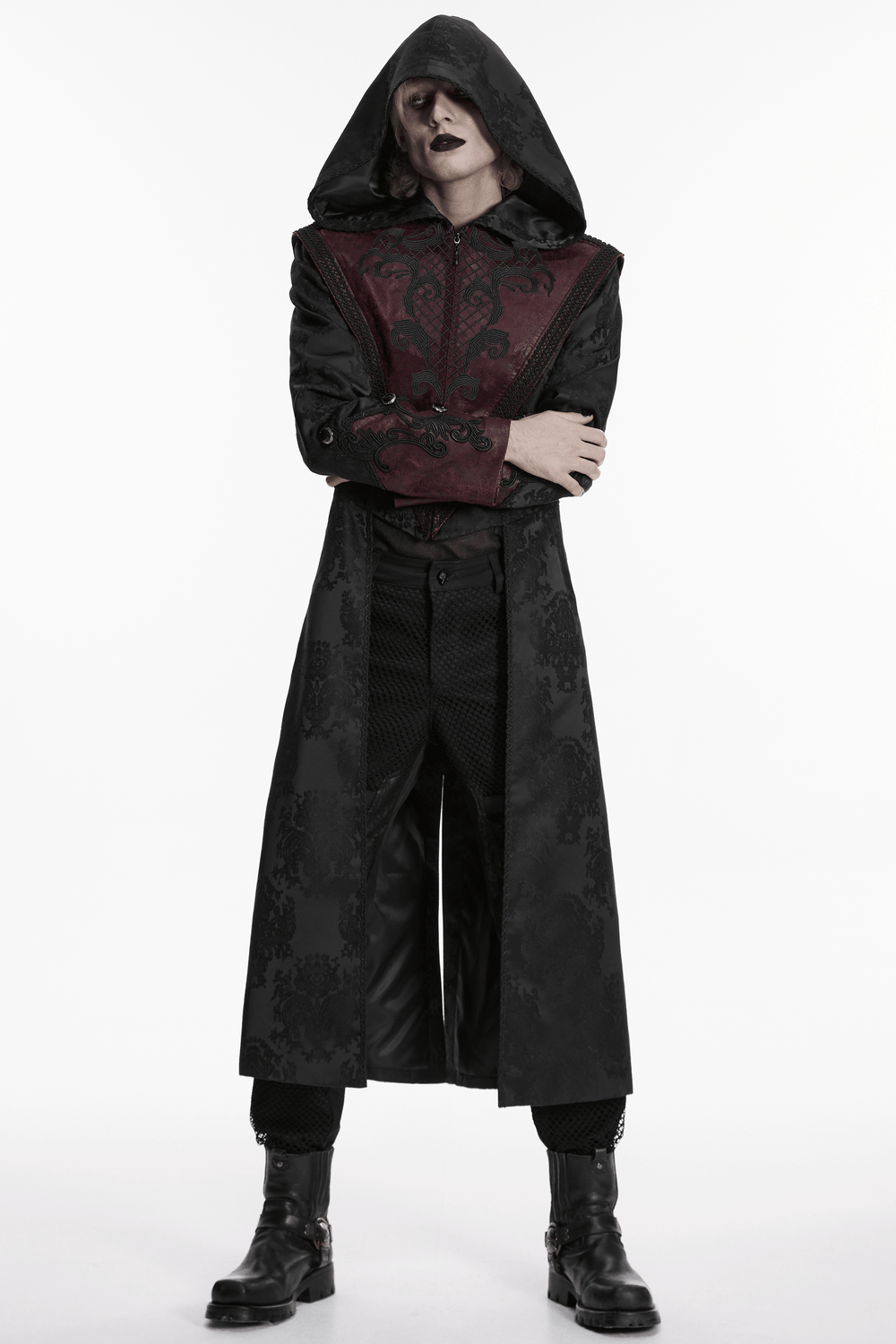 Gothic Kapuzenmantel aus Jacquard mit Lederbesatz
