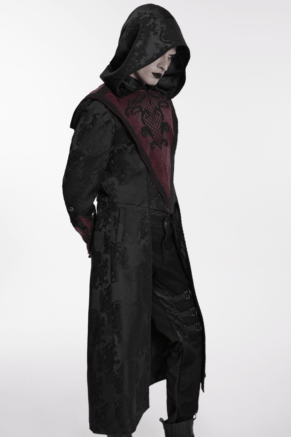 Gothic Kapuzenmantel aus Jacquard mit Lederbesatz