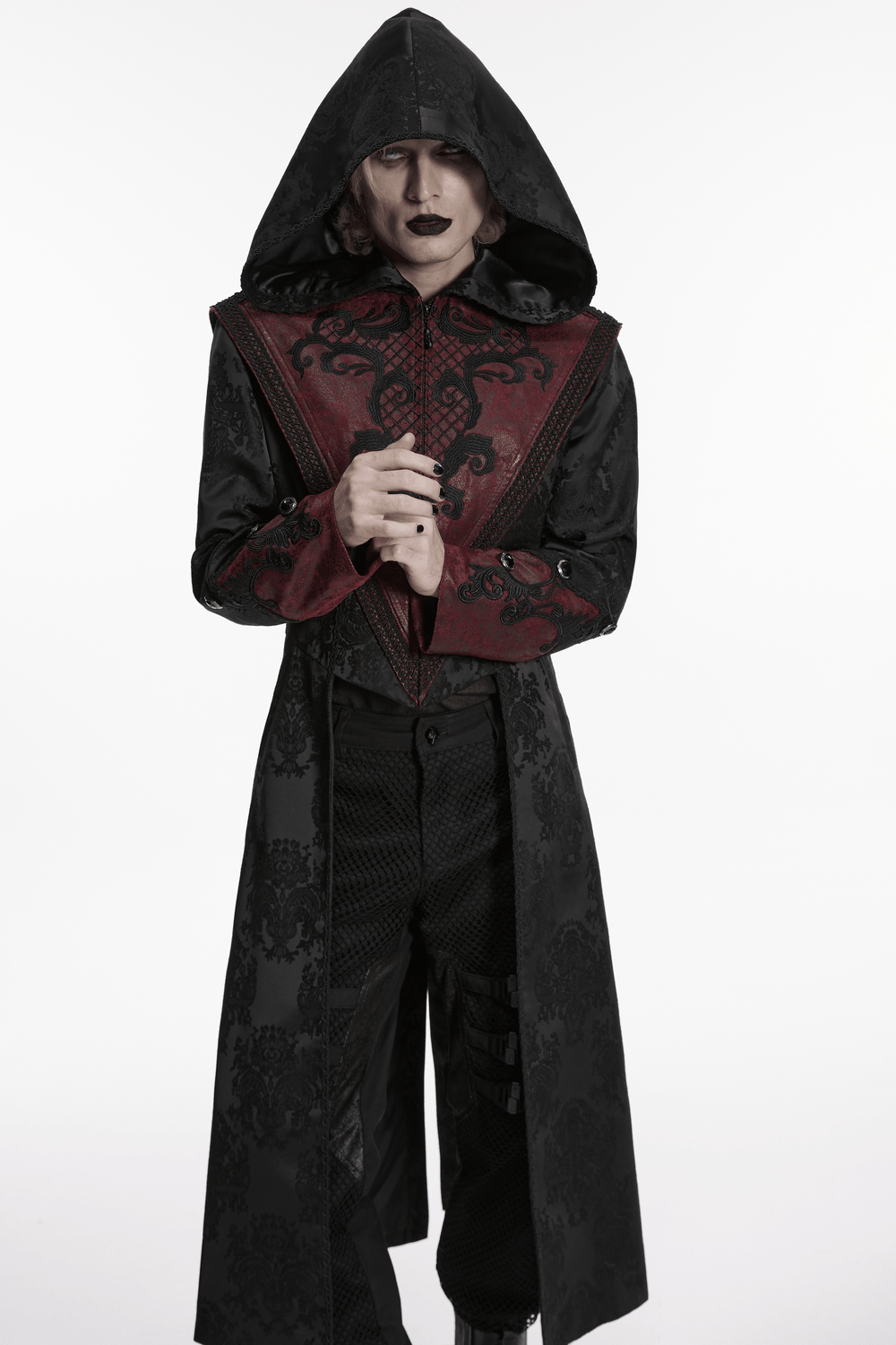 Gothic Kapuzenmantel aus Jacquard mit Lederbesatz