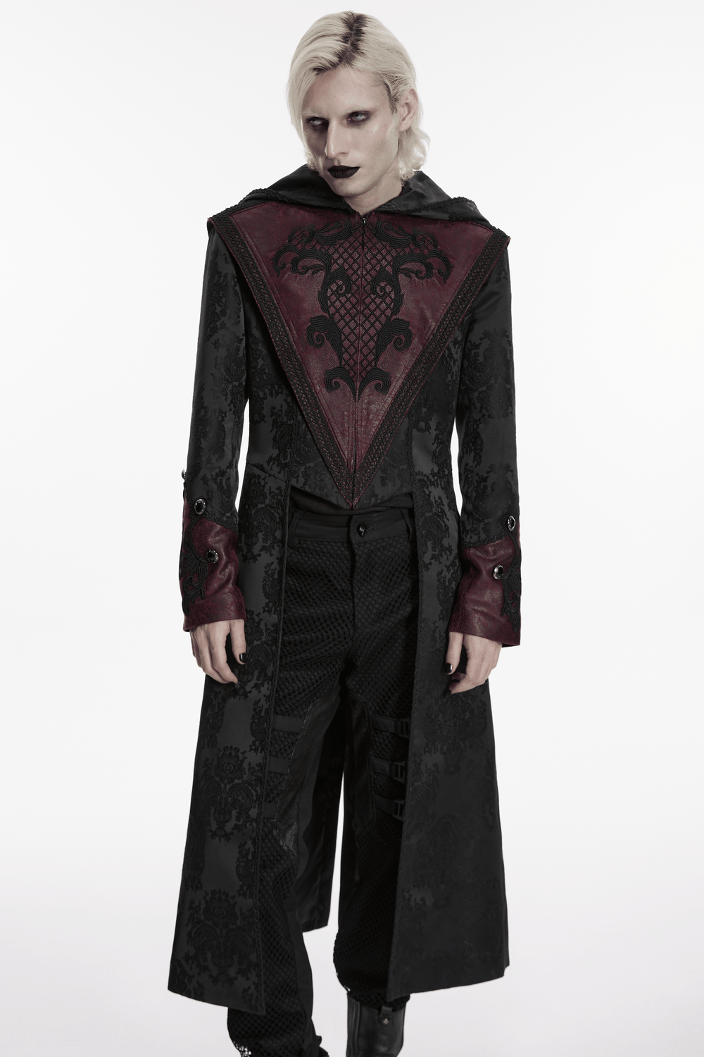 Gothic Kapuzenmantel aus Jacquard mit Lederbesatz