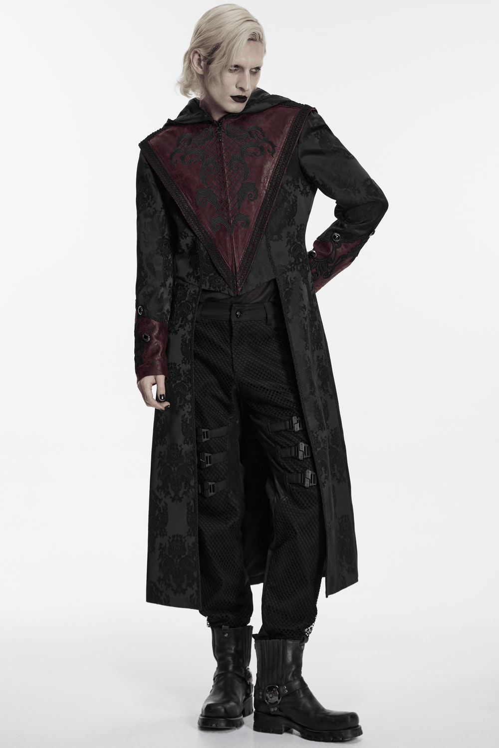 Gothic Kapuzenmantel aus Jacquard mit Lederbesatz