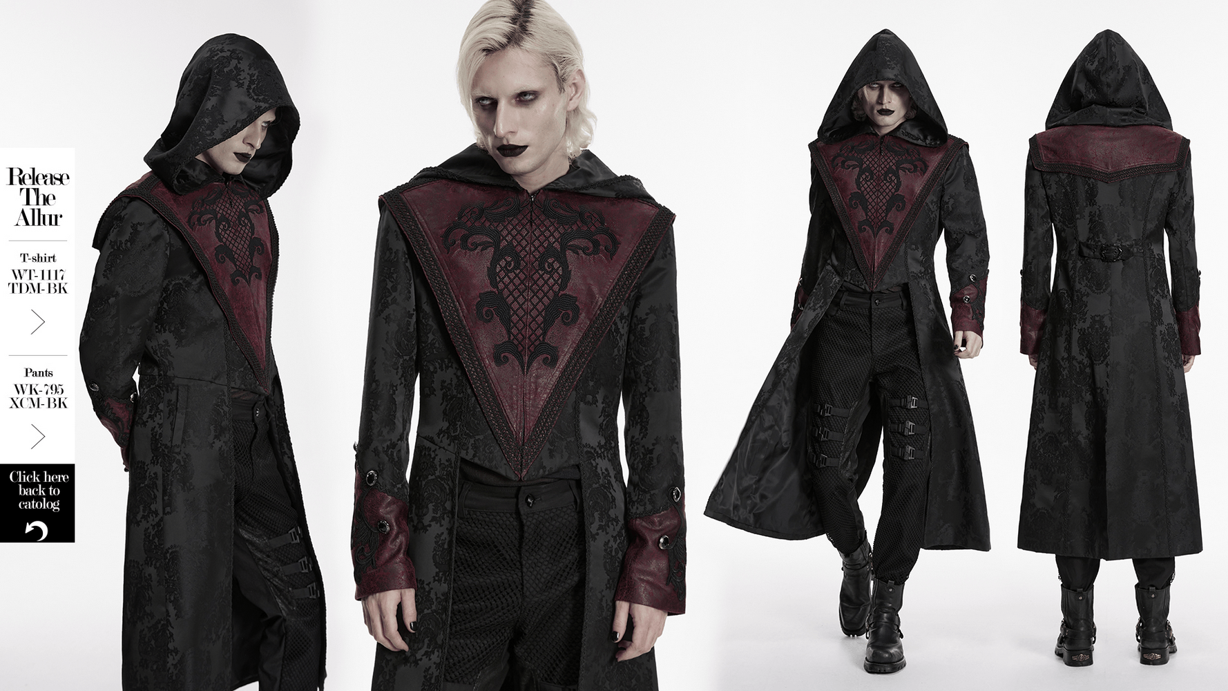 Gothic Kapuzenmantel aus Jacquard mit Lederbesatz