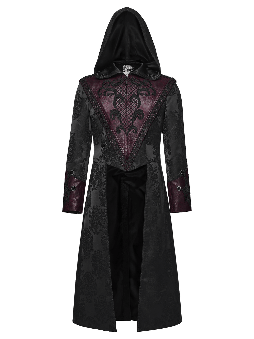 Gothic Kapuzenmantel aus Jacquard mit Lederbesatz