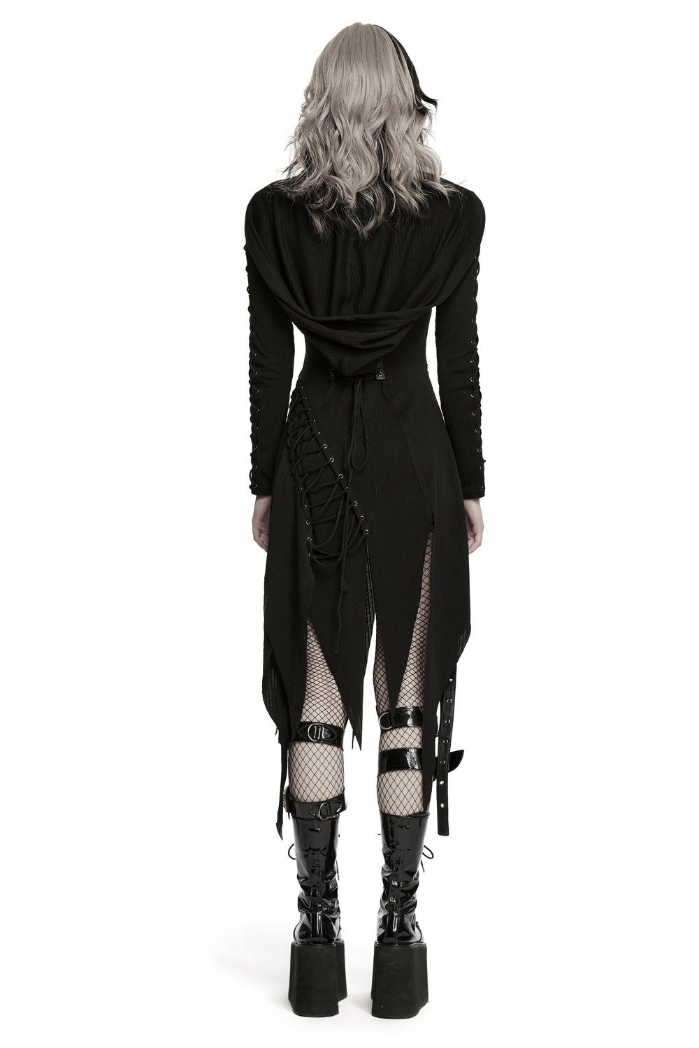 Gothic-Strickkleid mit Kapuze und asymmetrischem Saum