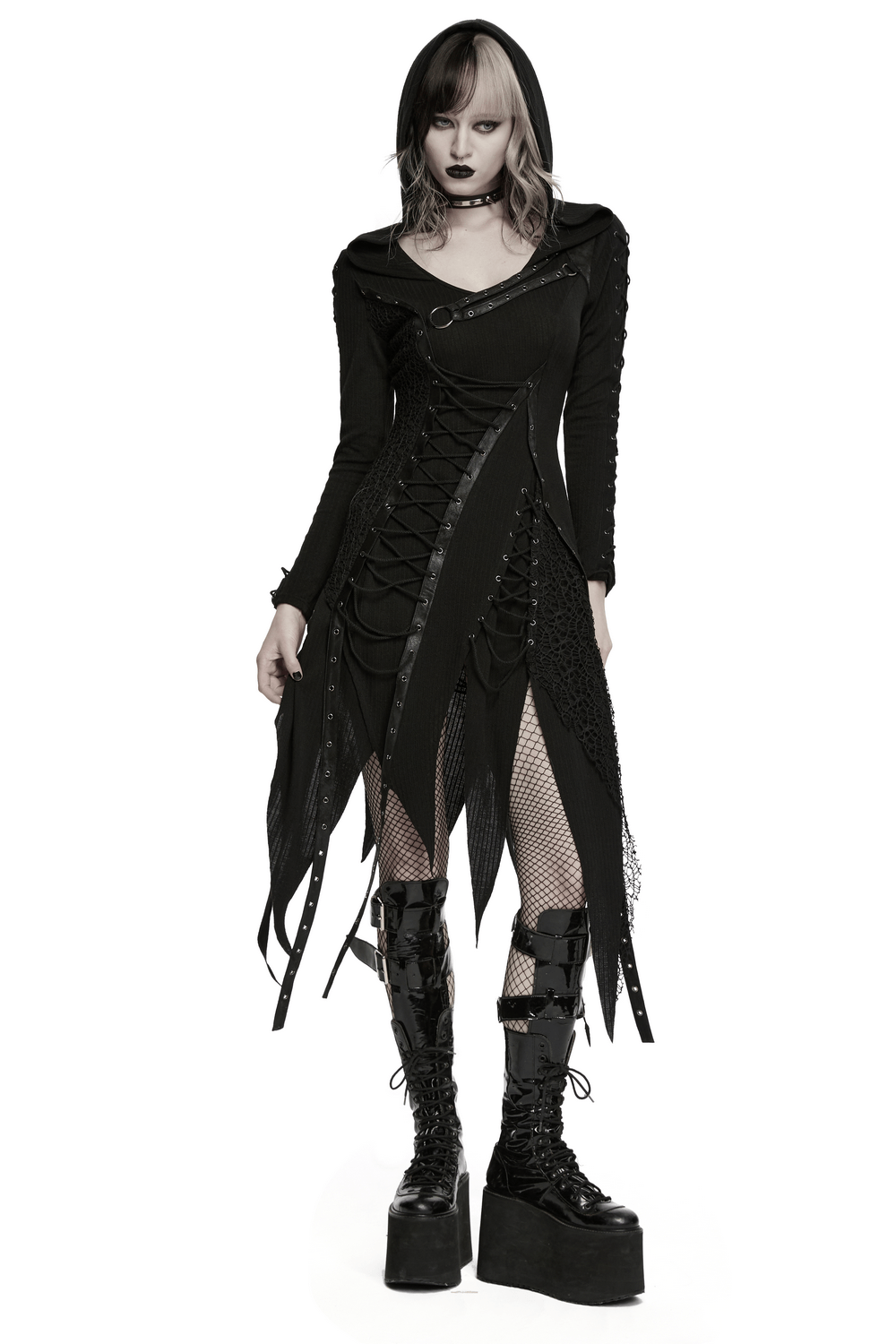 Gothic-Strickkleid mit Kapuze und asymmetrischem Saum