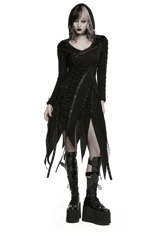Gothic-Strickkleid mit Kapuze und asymmetrischem Saum
