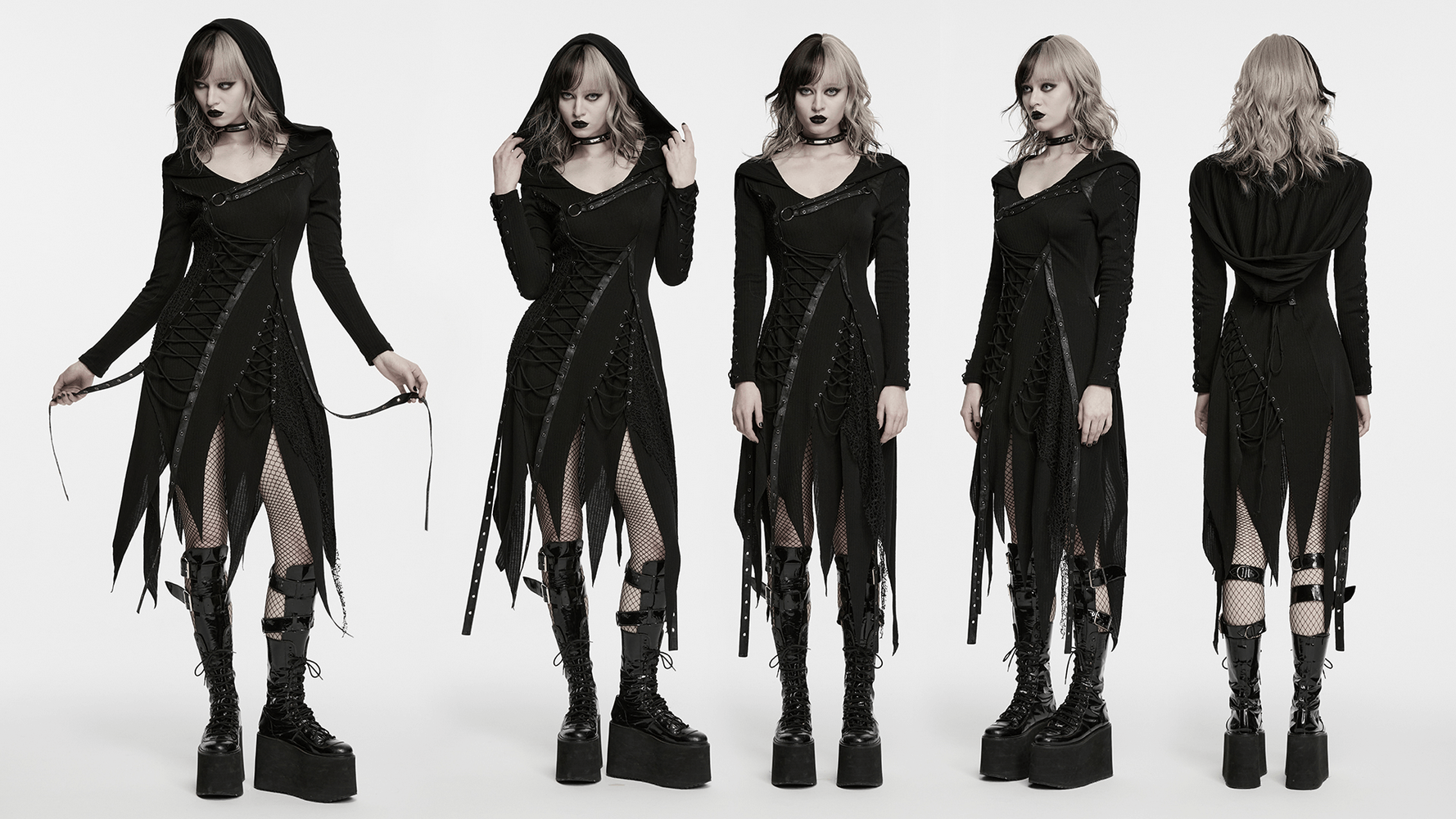 Gothic-Strickkleid mit Kapuze und asymmetrischem Saum