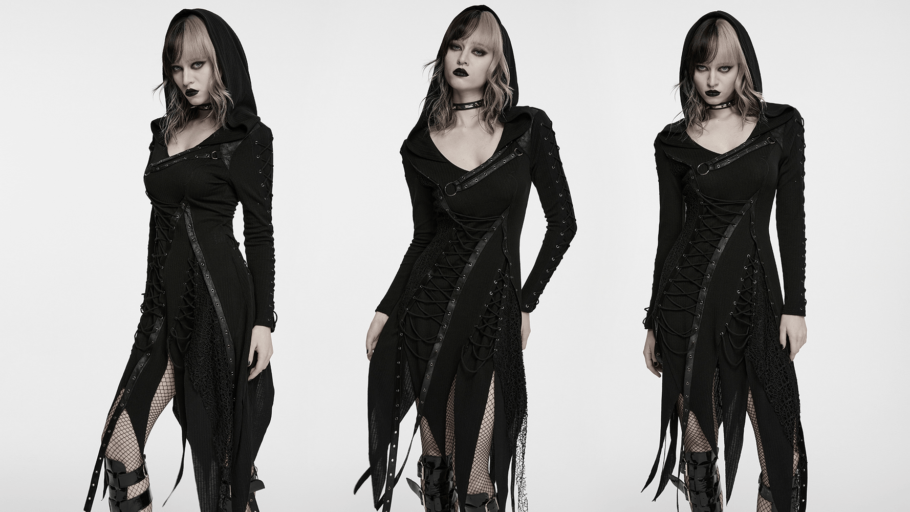 Gothic-Strickkleid mit Kapuze und asymmetrischem Saum