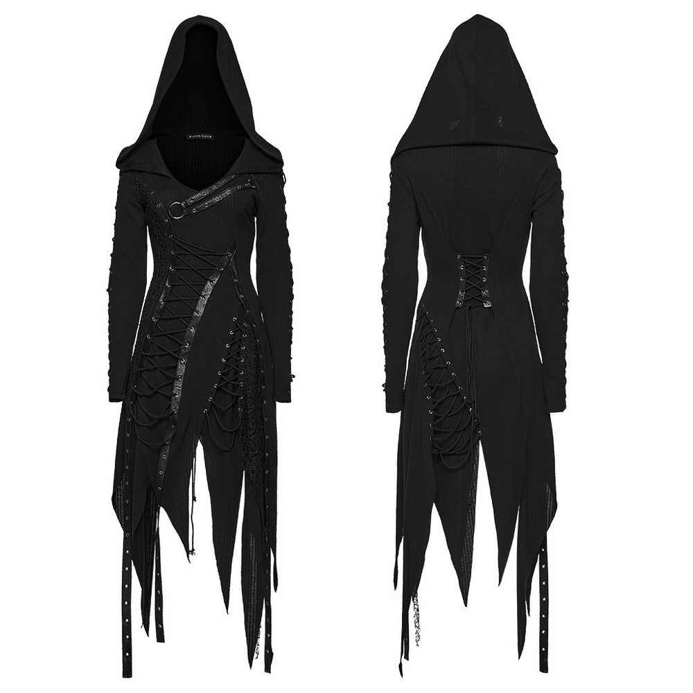 Gothic-Strickkleid mit Kapuze und asymmetrischem Saum