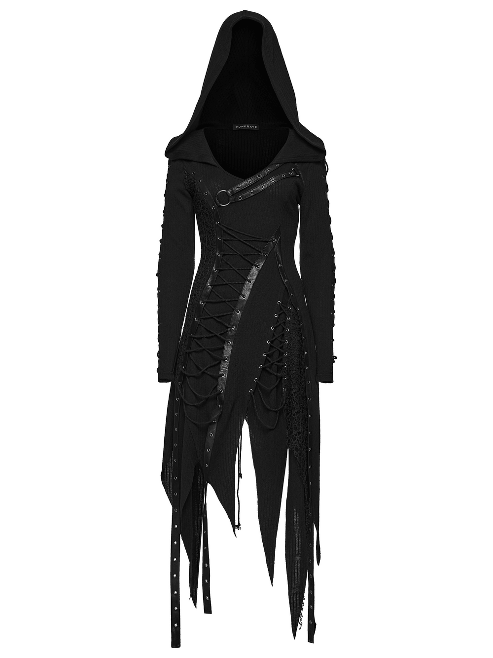 Gothic-Strickkleid mit Kapuze und asymmetrischem Saum