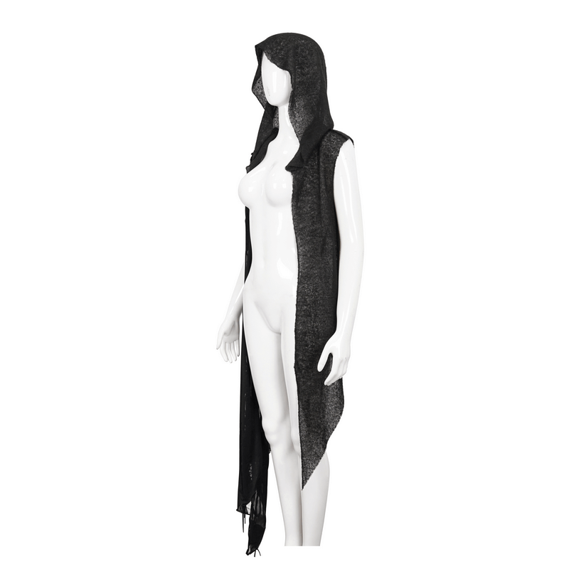 Gothic hooded lace cape with asymmetric design showcasing a stylish black vest on a mannequin.