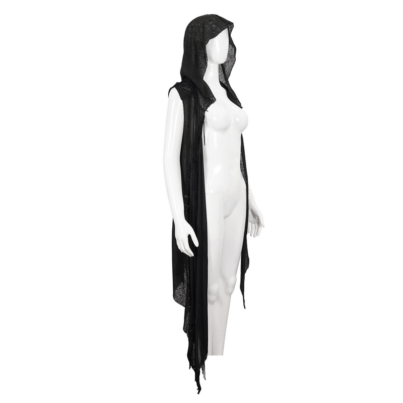Gothic hooded lace cape in black featuring an asymmetric design and back lacing, perfect for women's costume wear.