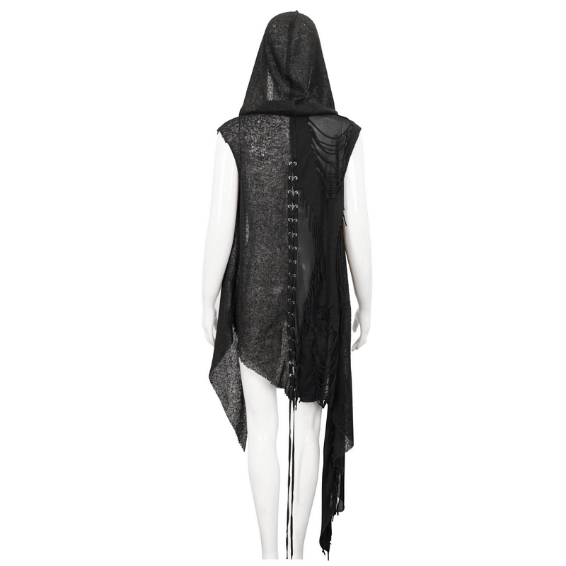 Back view of a black gothic hooded lace cape with asymmetric vest design and lacing details for women.