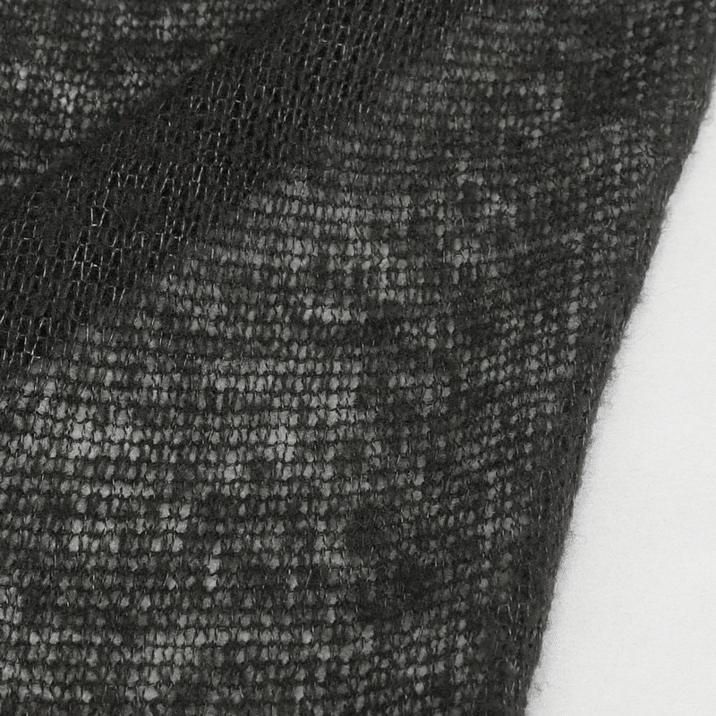 Close-up of transparent black fabric featuring a gothic style texture, perfect for women's asymmetric vest.