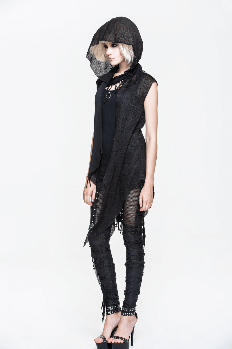 Stylish woman in a gothic hooded lace cape and asymmetrical vest, showcasing a dark, edgy fashion look.